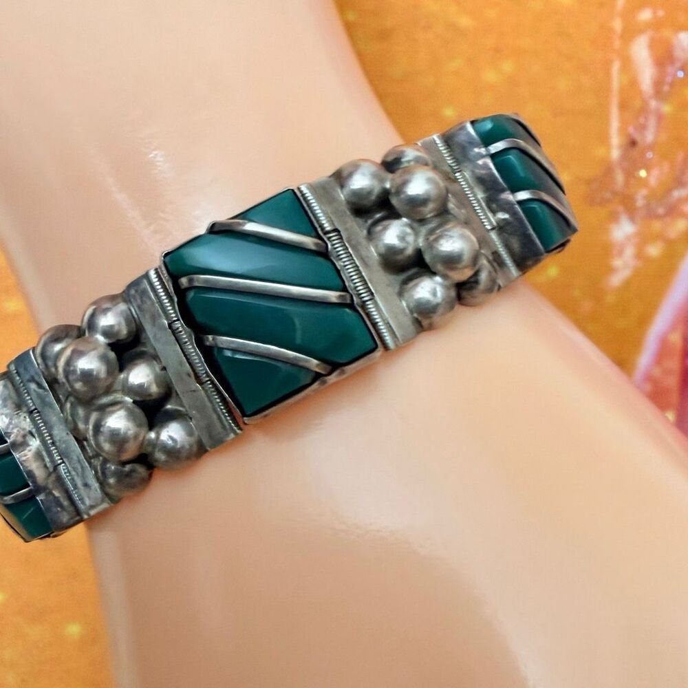 Vintage Mexican Sterling Silver 925 Green Onyx Panel Link Bracelet